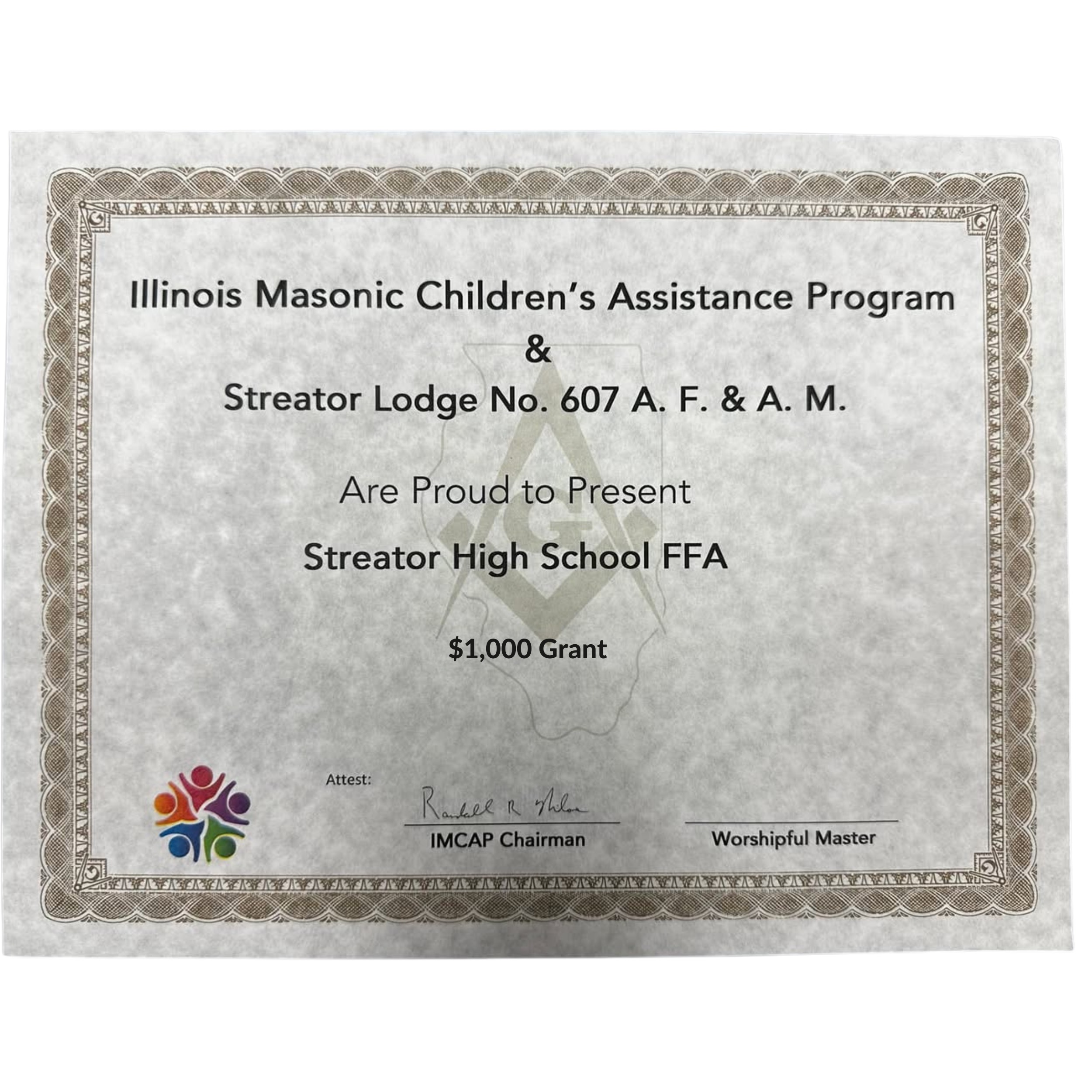 a picture of a donation to the FFA in Streator for $1,000 Dollars