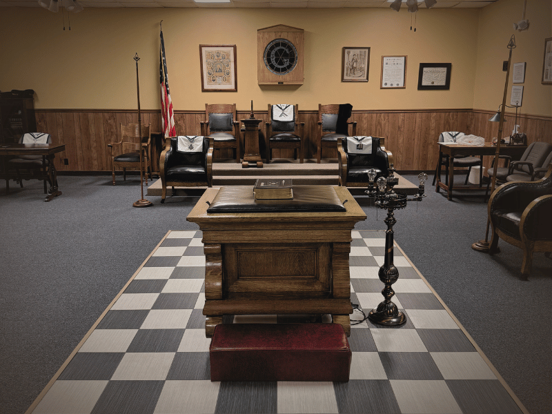 Picture of the inside of the lodge room looking at the Alter to the East at Streator Masonic Lodge